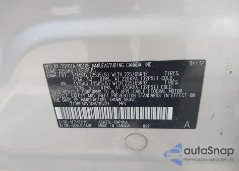 2012 Toyota Rav4 z USA, uszkodzony, nr VIN 2T3BF4DV1CW210224